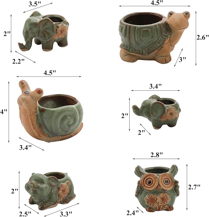 Okllen 6 Pack Mini Animal Ceramic Succulent Planter Set, Cute Elephant, Turtle, Owl, Snail, Succulent Pots with Drainage Hole, Ideal for Bonsai, Indoor, Outdoor
