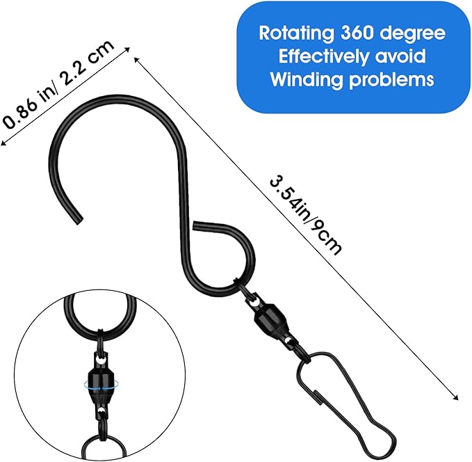 12 Pack Swivel Hooks Clip Spiral Hanging Chain Hook 360 Degree Dual Windsock Clip for Hanging Bird Feeder House Planters Basket Birdbath Wind Spinner Chimes Crystal Twisters Party Supply(black)