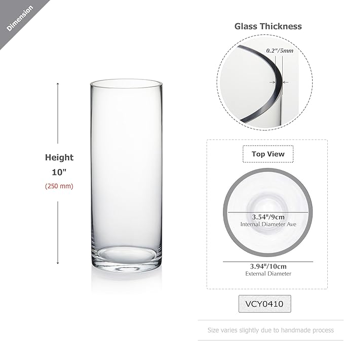 WGVI Quality Thick Weighted Clear Cylinder Glass Vases, 4"W x 10"H, Flower Arrangement Floating Candle Holders Wedding Centerpieces Terrarium Planter Floral Storage Container, Bulk Wholesale, 12 Pcs