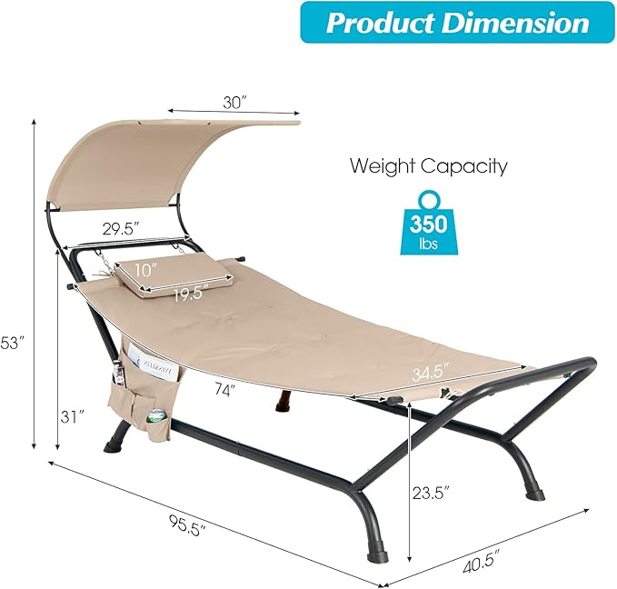 Giantex Hanging Hammock with Stand, Patio Hanging Chaise Lounge Chair w/Canopy, Cushion, Pillow & Storage Bag, Heavy Duty Swing Hammock Bed for Garden Lawn Backyard Patio Poolside Porch (Beige)