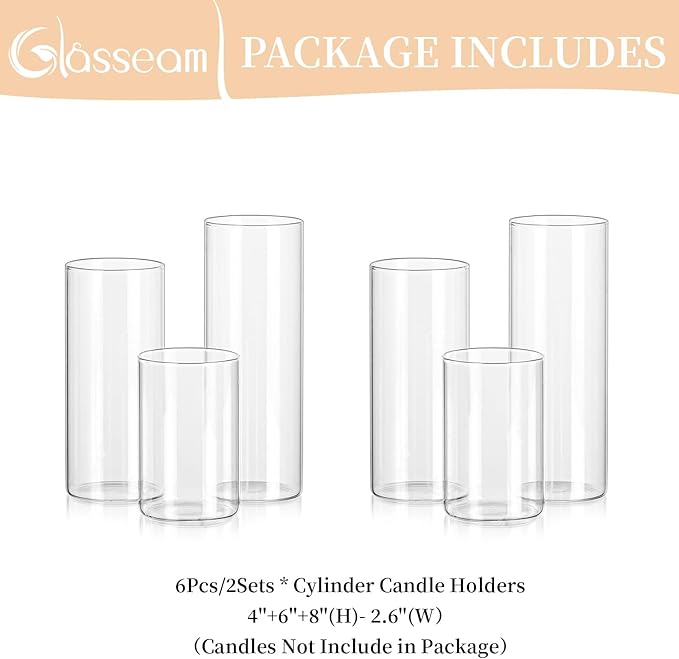 Glasseam Hurricane Glass Candle Holders Set of 6,Clear Cylinder Candle Holders for Pillar Candles,Modern Floating Candles for Centerpieces Vases,Candle Holders for Table Centerpiece,4''+6''+8'',2.6in