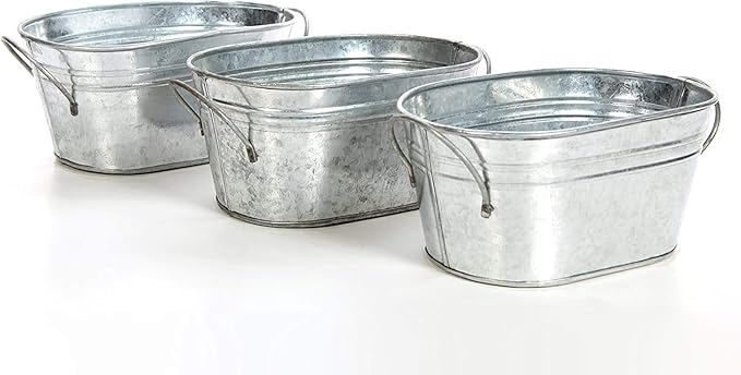 Hosley Set of 3 Galvanized Oval Planters 8 Inches Long with Handles, Rustic Charm for Floral Arrangements Indoor and Outdoor Gardening D cor