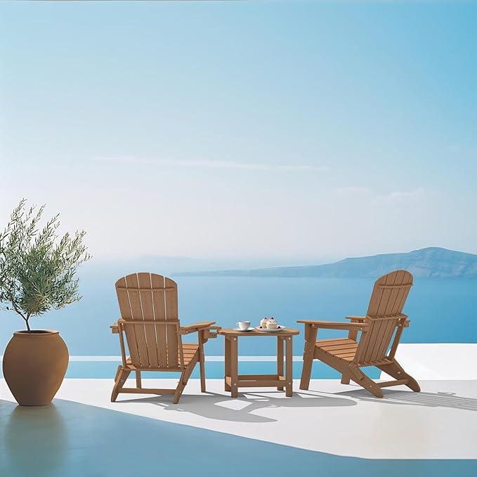 Plawdlik Folding Adirondack Chair, SGS Tested, Wooden Textured with Cup Holder, Heavy All-Weather HDPE Comfortable Set Poolside Backyard Lawn Teak