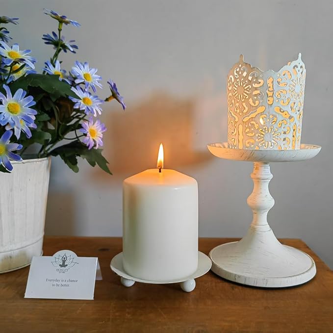 Hosley Set of 2 Whitewashed Iron Pillar Candle Holder Plates – 4-Inch Decorative Round Trays for Pillar Candles – Ideal for Weddings, Special Occasions, Home Décor, and Pedestal Displays