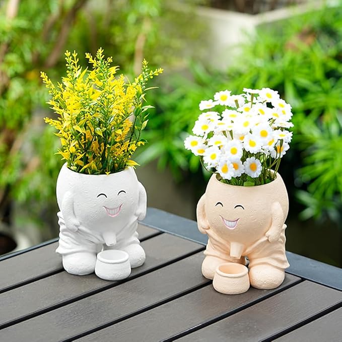 Urinating Pot Head Planter Cute Smiley Face Doll Flower Pot Naughty Doll Plant Planter with Drain Resin Smile Vase Tabletop Decor Suitable for Grow Succulents Cactus Herbs (No Plants) (Khaki)