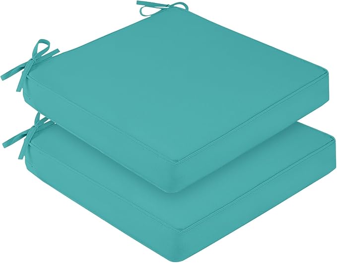 downluxe Waterproof Outdoor Chair Cushions Set of 2, 19" x 19" x 3" Patio Chair Cushion with Non-Slip Ties & Handle, Square Outdoor Cushion for Patio Furniture with Removable Cover, Teal