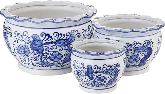 Blue and White Planters, Succulent Pots Ceramic Plant Pots Indoor with Drainage for Home Décor - Set of 3