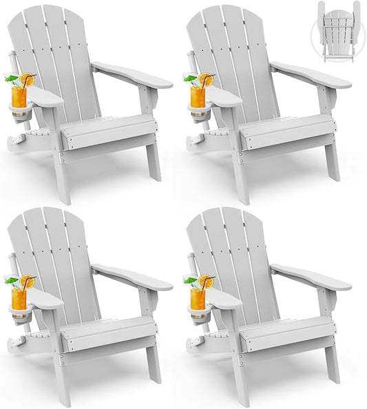 GREENVINES Folding-Adirondack-Chairs-Set-of-4 | HDPE Plastic | Fire Pit Chair | All Weather | Cup Holder | White | for Deck Backyard Patio Outdoor Garden