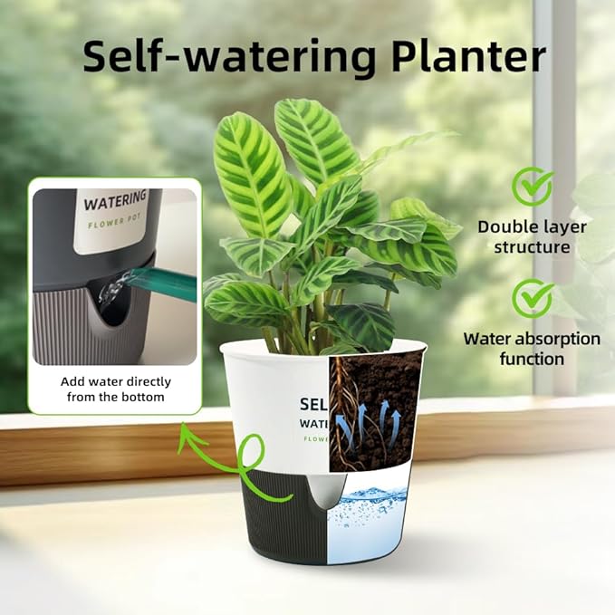 5/6.5/7.5 Inch Self Watering Pots for Indoor/Outdoor ,2 Pack plastic Planters for Indoor Plants with Drainage Holes and Saucers, Modern Decorative Flower Pot for Plants (White, 5 inch)