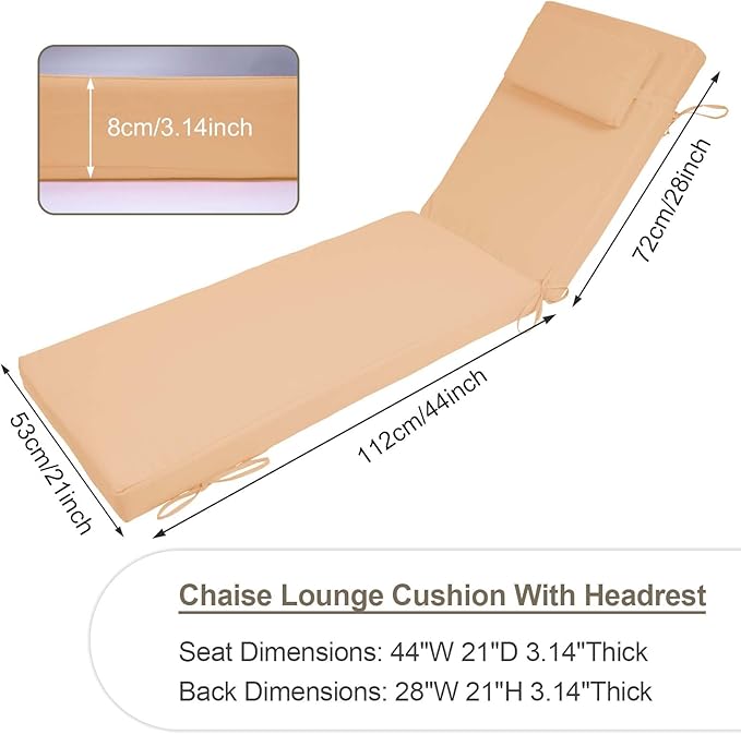 Chaise Lounge Cushions Outdoor Set of 2, 72x21x3 Lounge Chair Cushions for Outdoor Furniture, Patio Lounger Pads with Removable Cover for Pool, Deck, Lawn,Beige
