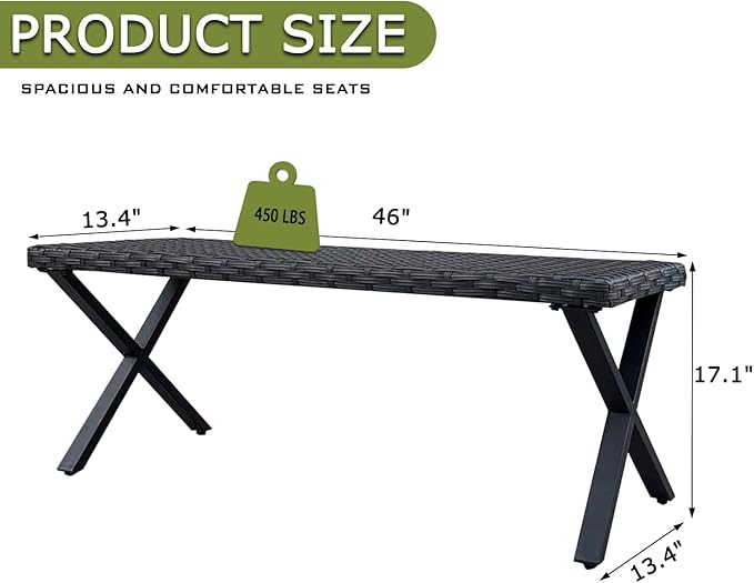 Outdoor Rattan Backless Bench Set of 2, Weatherproof Patio Bench with Seat and X-Shaped Legs, All-Weather Garden Bench for Porch, Patio, Lawn and Backyard, Black