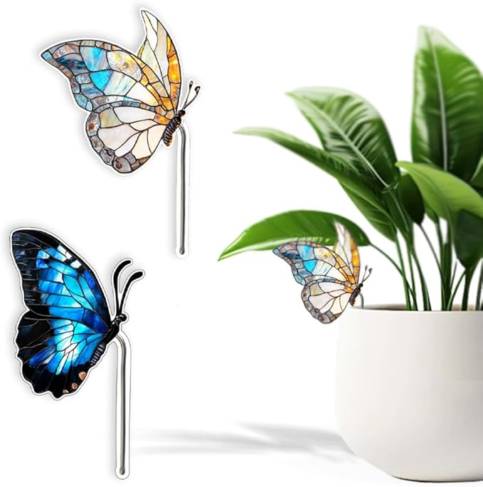 JOONOR 2 Pieces Stained Acrylic Butterfly Flower Pot Hugger Cute Animal Statue for Planter Hanger Decorations Outdoor Fairy Garden Planter Edge Accessories,Butterfly