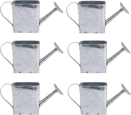 Mini Decorative Watering Can, Square Design, Set of 6, Silver Metal,Height 2.05 inch, Cute Metal Jug for Hand Crafts,Garden Theme Parties,Refrigerator and Home Decor (6, Silver)