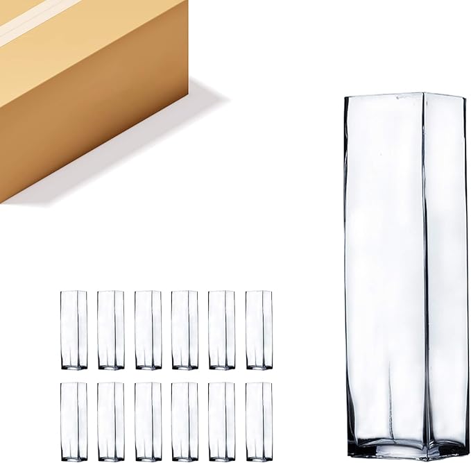 WGV Tall Square Vase Glass Block Bulk, Length 3", Height 12", Clear Bud Floral Container, Candle Holder, Planter Terrarium for Wedding Party Event, Home Office Decor, 12 Pieces