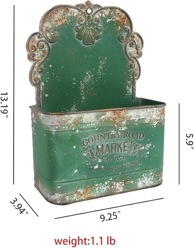 All Chic Set of 2 Metal Hanging Wall Planters Outdoor Indoor Mail Wall Mounted Planter Antique Shabby Chic Wall Decor (Green)