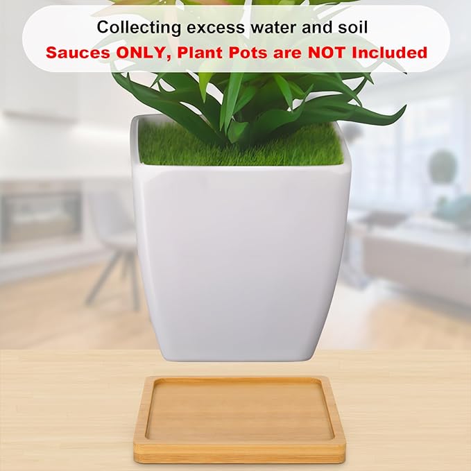 Cosmos 4 Pcs Bamboo Plant Saucer Succulent Pot Holder Drainage Tray with Raised Edge for 3.5 Inch Small Plant Flower Pots (Square Shape)