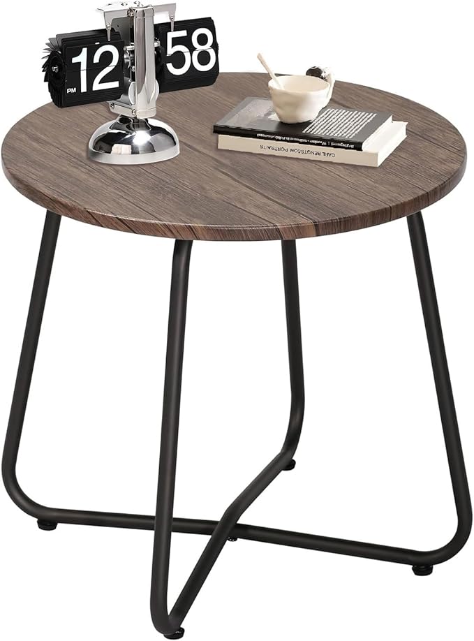 VECELO Outdoor Side Table,17.7 inch Patio Small Round End Table,Waterproof Wood Table with Weather Resistant Steel Adjustable Feet for Living Room Bedroom Garden Yard Balcony Porch Poolside