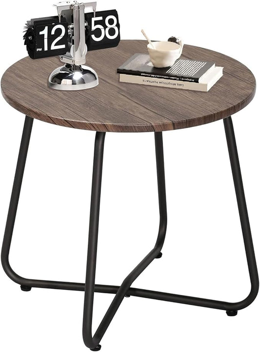VECELO 17.7 inch Small Round Outdoor Side Table,Patio End Table,Waterproof Wood Table with Weather Resistant Steel Adjustable Feet for Living Room Bedroom Garden Yard Balcony Porch Poolside