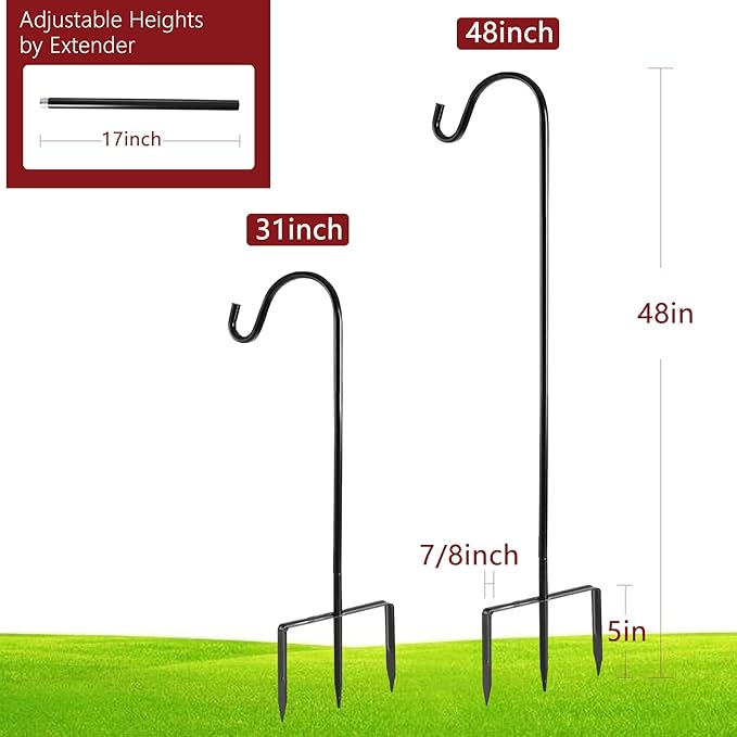 EXCMARK 2 Pack Shepherd Hook 48 inch 1/2 inch Thick Use at Weddings, Hanging Solar Lights, Lanterns, Bird Feeders, Metal Hanger Hook. (Black, 48 inch) U.S. Patent.