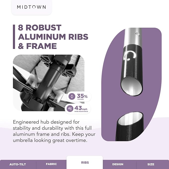 Midtown Umbrellas - 10-Year-No-Fade 6 Ft Patio Umbrella with Terylast Fabric, Auto-Tilt Aluminum Frame and 8 Reinforced Ribs for Deck, Pool, Garden & Beach - Grey Canopy, Black Pole