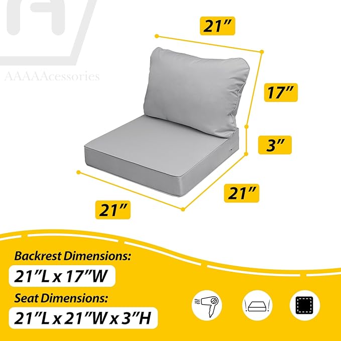 AAAAAcessories Outdoor Seat Cushions for Chairs, Fade-Resistant, Waterproof Patio Furniture Replacement Cushions, 21" x 21" x 3" + 21" x 17", Set of 4, Gray