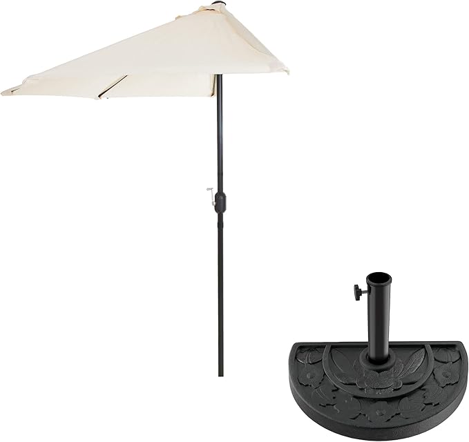 9-Ft Half Patio Umbrella Easy Crank Semicircle Balcony Shade with 20lb Weighted Base for Deck, Porch, or Against a Wall by Pure Garden (Tan)