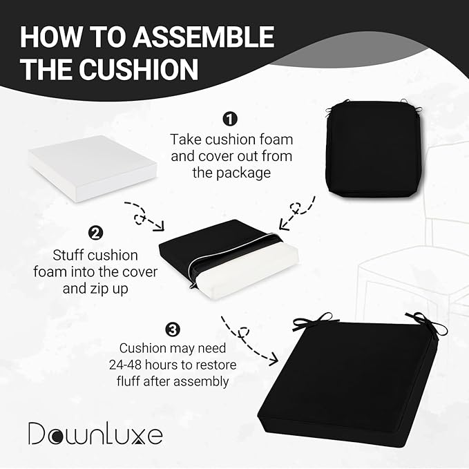 downluxe Waterproof Outdoor Chair Cushions Set of 4, 19" x 19" x 3" Patio Chair Cushion with Non-Slip Ties & Handle, Square Outdoor Cushion for Patio Furniture with Removable Cover, Black