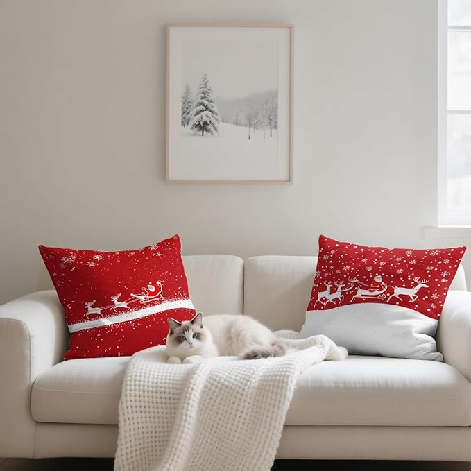 Christmas Red Pillow Covers 18x18 inch Set of 4, Santa Sleigh Reindeer Snowflake Winter Throw Pillows Cover Sofa Couch Pillow Cases for Farmhouse Indoor Home Decor Decorations