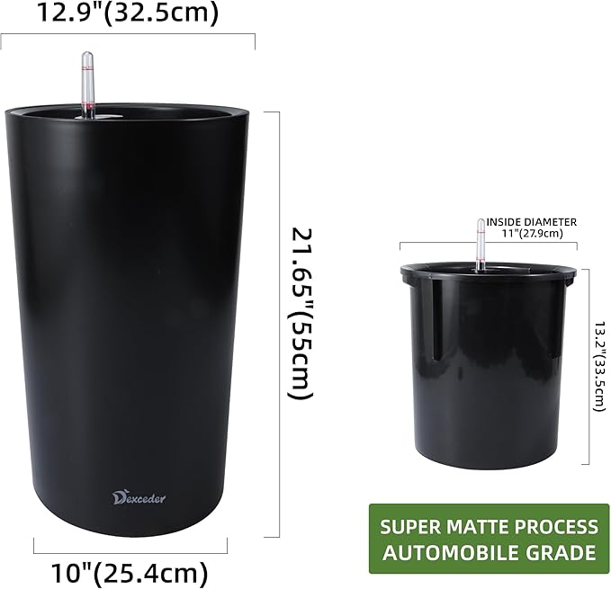 Dexceder 22x13 Tall Self Watering Planter High Cylinder Indoor Outdoor, Thickened Large Floor Standing Flower Plant Pot with Water Level Indicator (Black Matte)