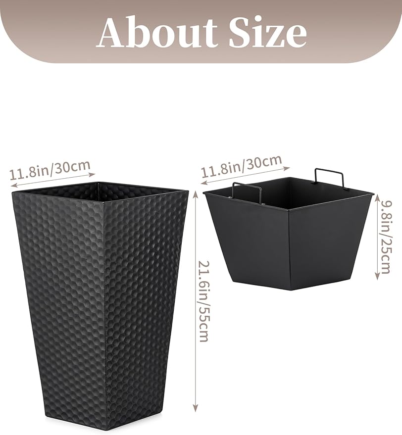 Sziqiqi Metal Tall Planter for Outdoor: Set of 2 Honeycomb 21.6in Large Taper Plant Pots with Inner Pots - Black Flower Pot with Drainage Holes for Indoor Outside Front Door Patio Garden Floor