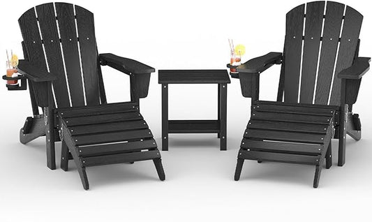Folding Adirondack Chair Set of 5, All-Weather HDPE Outdoor Chair, Wooden Textured with Cup Holder for patios, Decks, Gardens, fire pits, Black