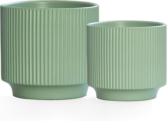 Ceramic 4.9+6.3 inch Planters, Modern Home and Office Flowerpot, Indoor and Outdoor Flowerpot with Drainage Hole (Green)