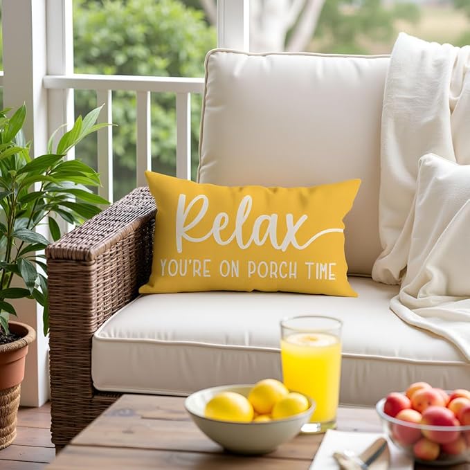PANDICORN Farmhouse Throw Pillow Covers 12x20 Inch Relax Porch Time Yellow Outdoor Spring Summer Decorations Lumbar Decorative Cushion Case for Front Porch Patio Couch Sofa Decor