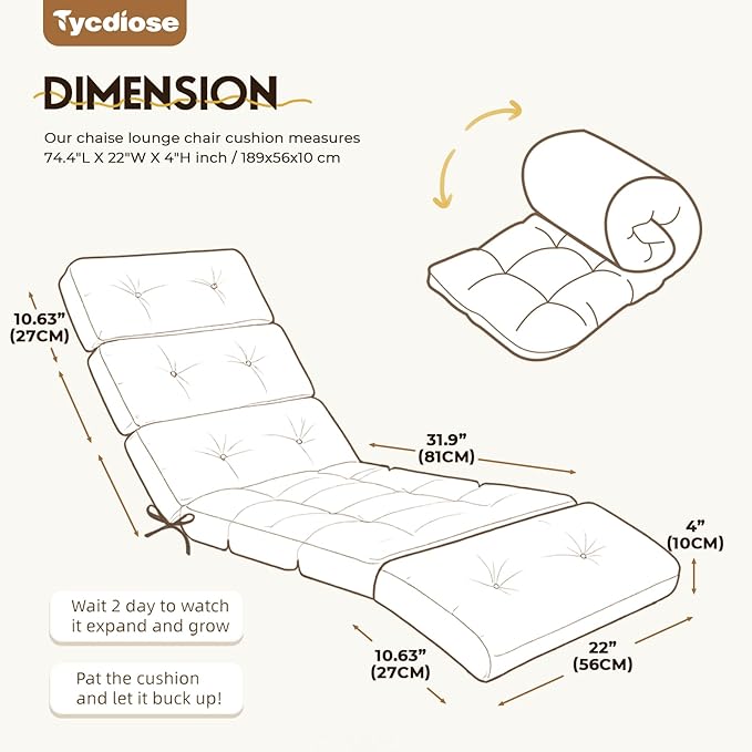All Weather Chaise Lounge Cushions Outdoor Lounge Chair Cushion, Waterproof Memory Foam Chaise Lounger Chair Cushion Replacement for Outdoor Patio Furniture with Non-Slip Back and Ties, Black