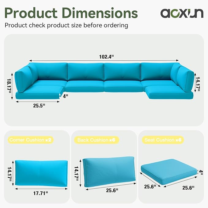 Aoxun Replacement Cushions for Outdoor Furniture, 14-Piece Outdoor Cushions for Patio Furniture, Deep Seat, Splash-Proof & Fade Resistant Couch Cushion for 6-Seat Patio Conversation Sets, Sky Blue