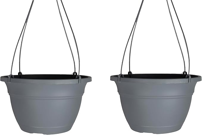 The HC Companies 12 Inch Eclipse Hanging Planters, Lightweight UV-Resistant Plastic Hanging Planters for Indoor & Outdoor Plants, 2-Pack Hanging Flower Pots for Garden, Patio & Home Decor, Warm Gray