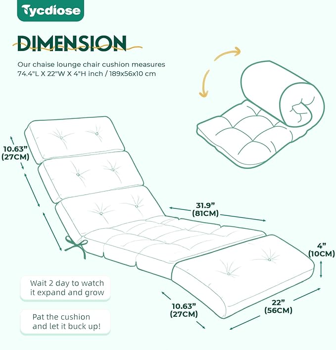 All Weather Chaise Lounge Cushions Outdoor Lounge Chair Cushion, Memory Foam Chaise Lounger Chair Cushion Waterproof for Outdoor Patio Furniture with Non-Slip Back and Ties, Yellow-Green Leaf