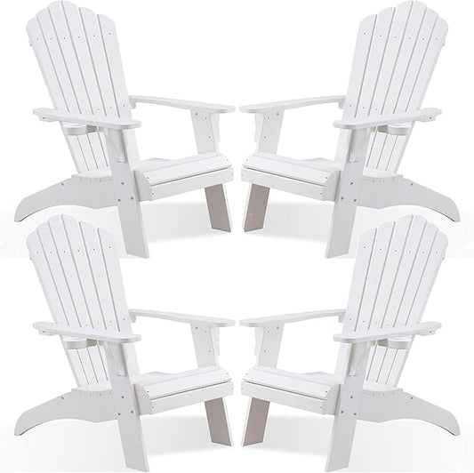 Psilvam Adirondack Chair, Oversized Poly Lumber Fire Pit Chair with Cup Holder, 350Lbs Support Patio Chairs for Garden, Weather Resistant Outdoors Seating, Relaxing Gift for Father & Mother (4,White)