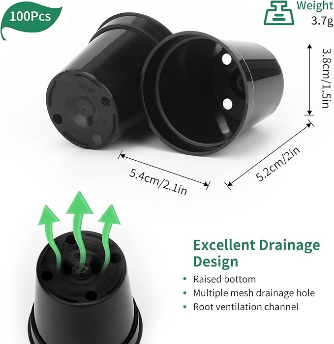KINGLAKE GARDEN Small Black Plastic Pots,50 Packs 2 Inch Small Plant Pots with Drainage Holes,Mini Nursery Plastic Plant Planters for Succulents,Indoor Outdoor Plant