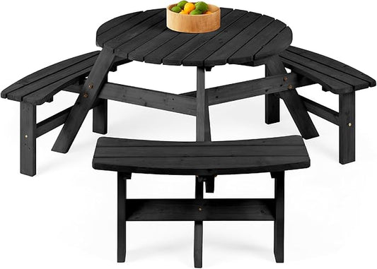 Best Choice Products 6-Person Circular Outdoor Wooden Picnic Table for Patio, Backyard, Garden, DIY w/ 3 Built-in Benches, 500lb Capacity - Black