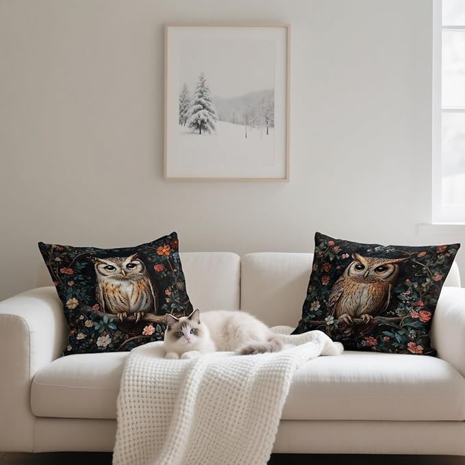 Owl Forest Pillow Covers 18x18 inch Set of 4, Mystic Woodland Flowers Dark Academia Throw Pillow Covers Farmhouse Cushion Case Decor for Sofa Couch