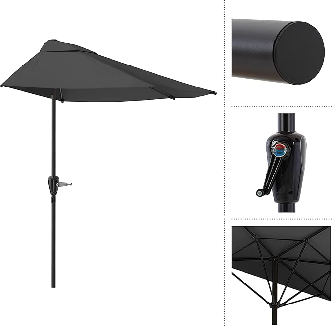 Half Umbrella Outdoor Patio Shade - 9 ft Patio Umbrella with Easy Crank - Small Canopy for Balcony, Table, or Deck by Pure Garden (Gray)
