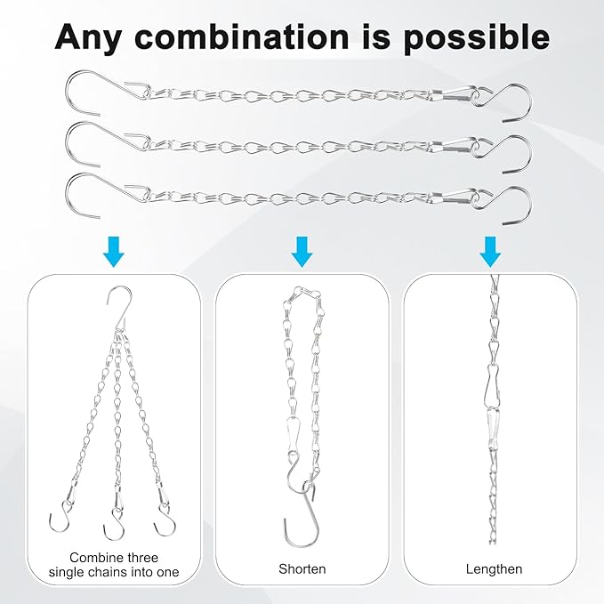 6-Pack Chain for Hanging Plants, 29cm(11 Inch) Adjustable Hanging Chain with Hooks for Bird Feeder/Planter/Lantern/Wind Chime, Iron Basket Extender Hanger [Silver]