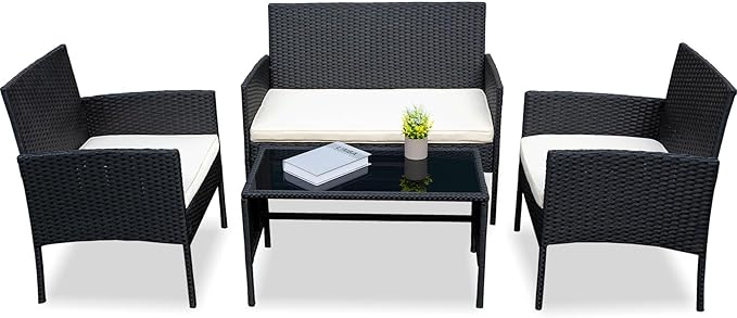 PROHIKER 4 Piece Outdoor Wicker Patio Conversation Furniture Set, Rattan Chair Wicker Sofa Garden Conversation Sets with Cushion and Glass Table for Yard Pool or Backyard