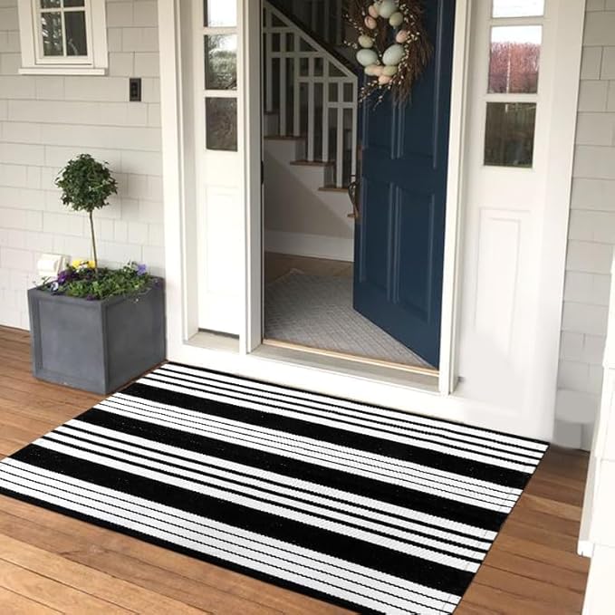 OJIA Black & White Outdoor Rug 3x5 Cotton Hand-Woven Striped Porch Rugs Machine Washable Entryway Rug Indoor Outdoor Area Rug Front Door Rug Floor Mat for Farmhouse/Living Room/Home Entrance