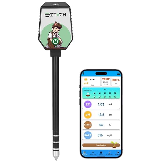 Bluetooth Soil pH EC Tester, Smart Plant pH Fertility Meter, 8 in 1 pH EC Fertility Temp Salt Moisture Light Intensity Air Humidity Monitor for Blueberry, Garden, Lawn, Raised Garden Beds