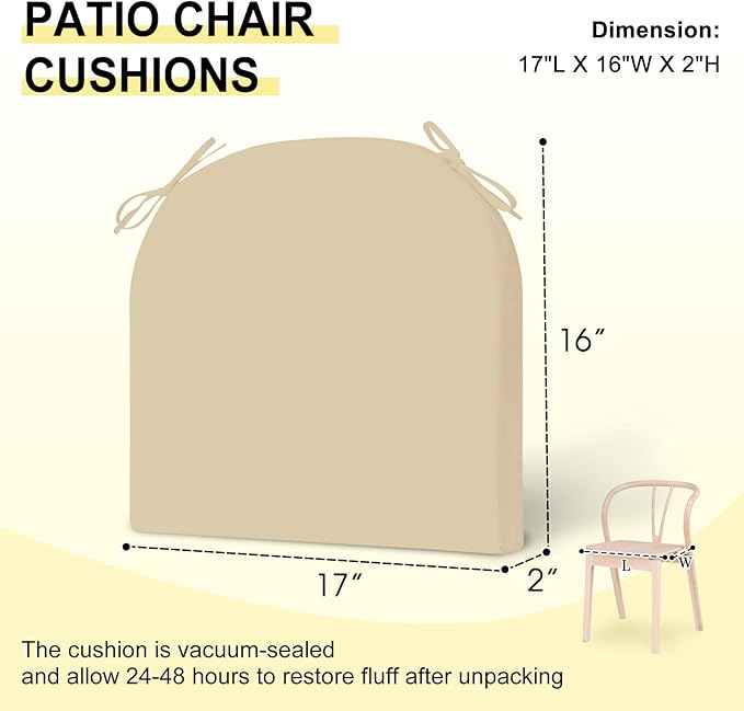 downluxe Outdoor Chair Cushions Set of 6 for Patio Furniture, Water-Resistant Patio Chair Cushions with Ties, High Density Foam Outdoor Seat Cushion, 17" X 16" X 2", Beige