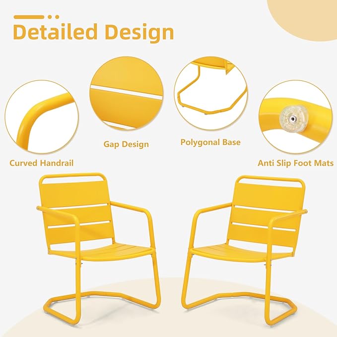 MELLCOM Patio Chairs Set of 2, Small Patio Furniture Set - 2 C-Spring Metal Chairs, Outdoor Bistro Set for Balcony, Front Porch, Poolside, Garden, Deck, Yellow