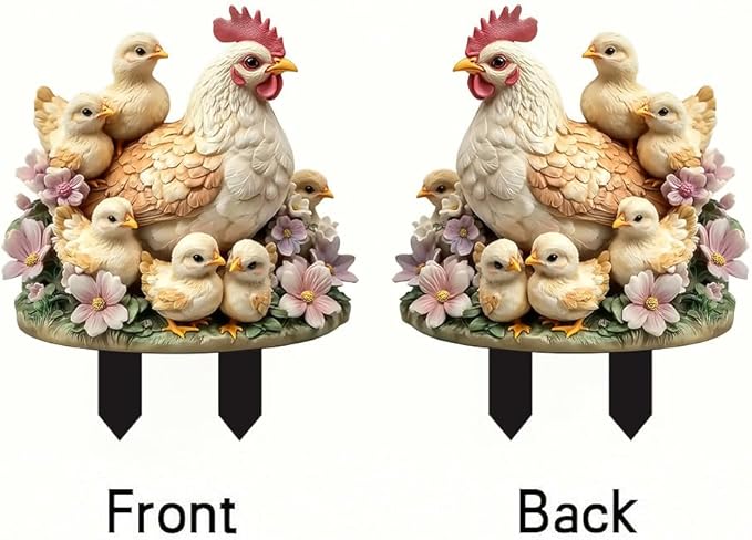 Garden Stake Decor, Acrylic 2D Flat Animal Statue, Fairy Sculptures Ornament Indoor Outdoor Yard Lawn Pot Plant Decorative Accessories (Hens and Chicks)