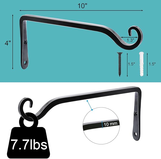 LOOGI Hanging Plant Bracket, Wall Hook Plant Hanger 10 Inch Decorative Hooks for Indoor Planter Lantern, Outdoor Bird Feeder Wind Chime, 2 Pack Black